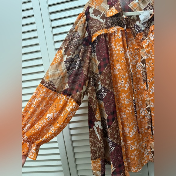 Cato Patchwork Long Sleeve Blouse Boho Floral Top Shirt Fall Orange Brown - Picture 3 of 5